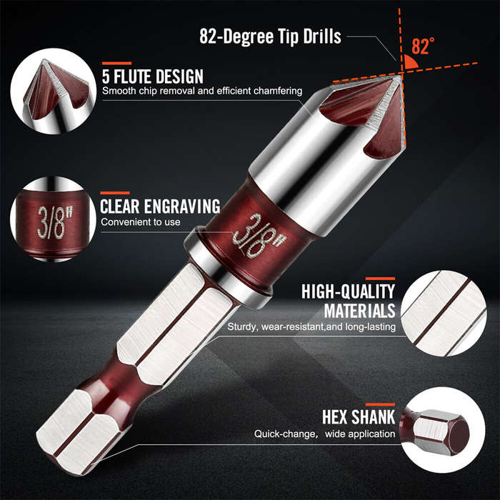 5 Pcs - 5Pcs Drill Bit Set Premium Countersink Drill Bit with 82-Degree 5 Flutes Quick-Change Hex Sh