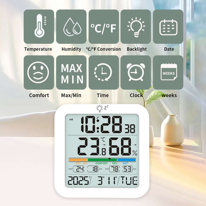 White - TS-8080 Large Screen Digital Thermometer Hygrometer Alarm Clock with Temperature Humidity Mo