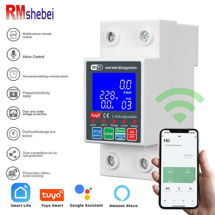 White - WiFi Smart Circuit Breaker 63A 230V 6kA Overcurrent Leakage Protection Bidirectional Meterin