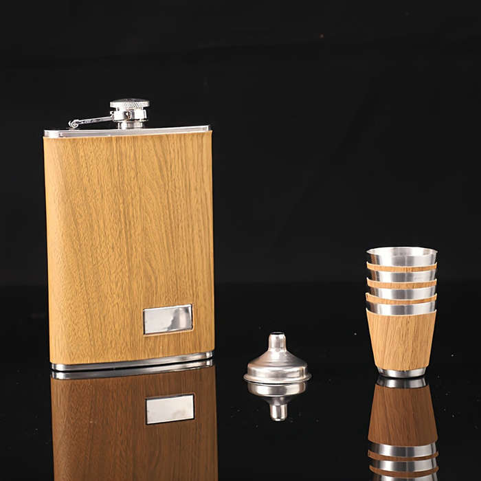 Wooden - 400ml Wood Grain Flask Set Stainless Steel Men's Small Hip Flask with Cup Funnel Metal Outd