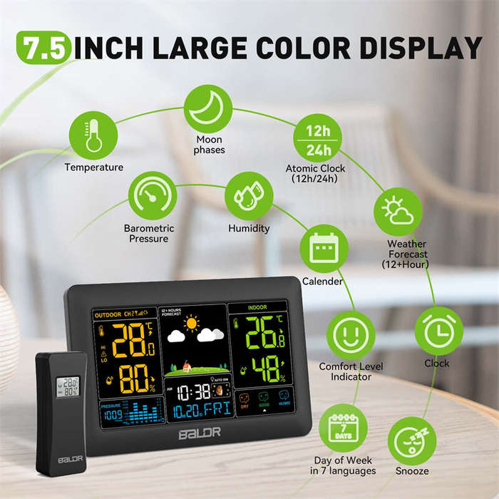 EU Plug - BALDR Wireless Weather Station 7.5" LCD Digital Humidity Temperature Meter Auto Alarm Cloc