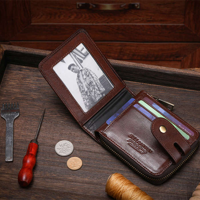 Brown - BULLCAPTAIN Genuine Leather Bifold Men Zipper Wallet RFID Blocking Mutil Card Holder Coin Pu