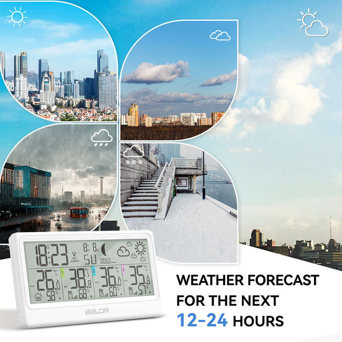 White - BALDR Large LCD Display Weather Station Thermometer Hygrometer Alarm Clock Large Screen Trip