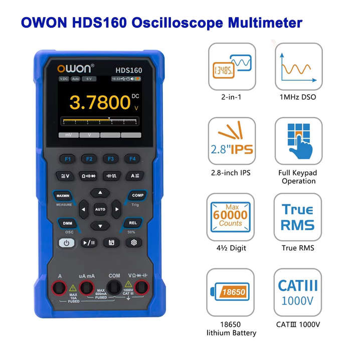 Black - 2in1 OWON HDS160 Oscilloscope Multimeter 60000 Counts True RMS 1MHz 1 Channel AC DC Voltage