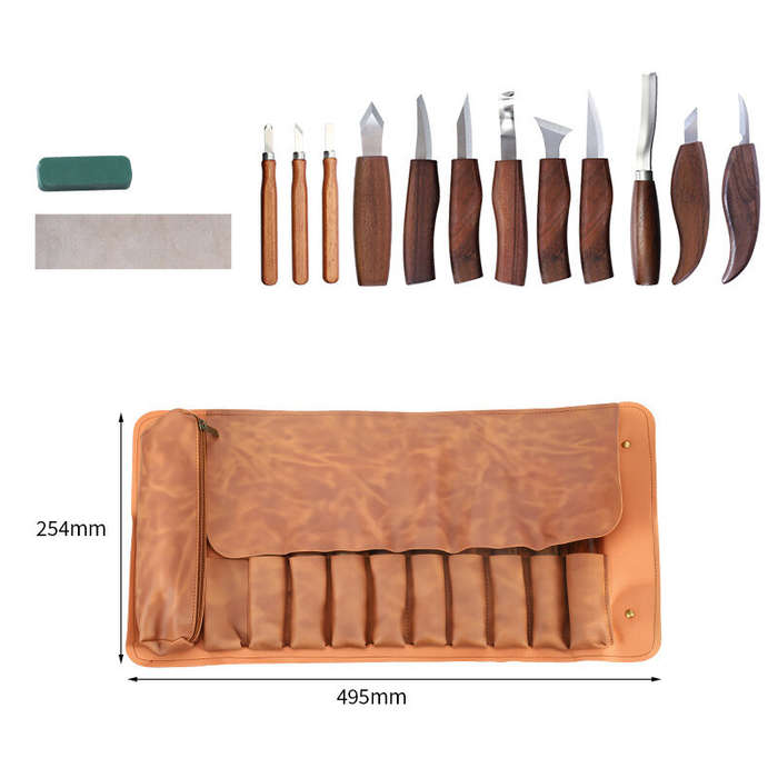 12 Pcs - Carving Knife Set 12PCS Wood Handle High-Quality Carbon Steel Blades with Leather Roll and