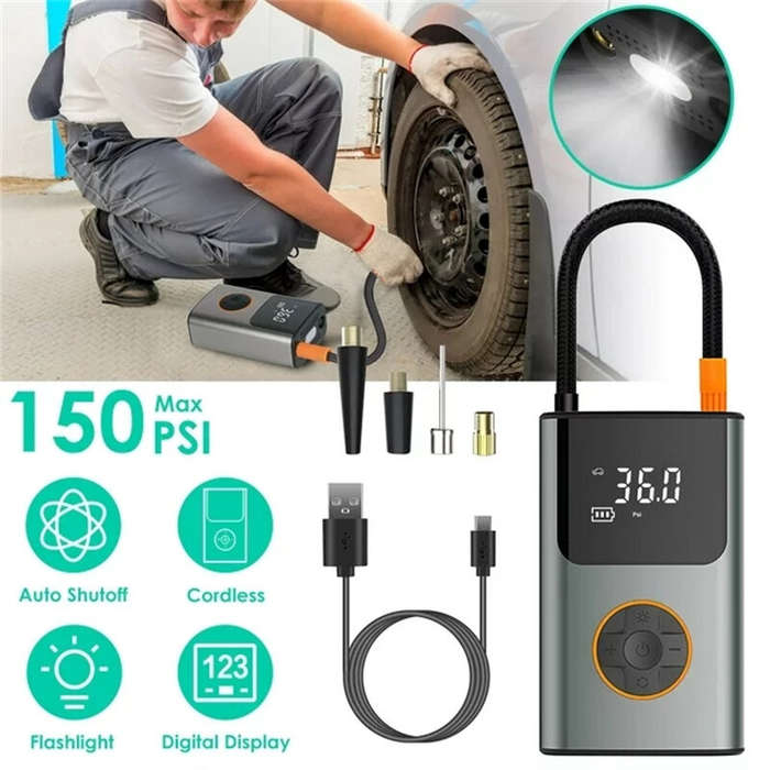 150PSI Fast Inflation Bike Air Pump 5 Inflation Modes 70W Power 2000mAh Power Bank Digital Display U