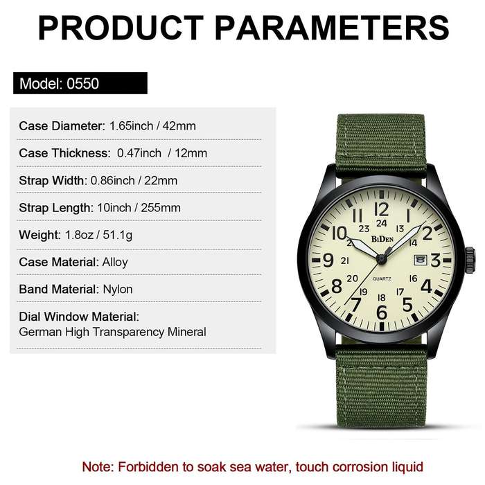 Green/Black - BIDEN Simple Calendar Sports Waterproof Quartz Watch Comfortable Nylon Strap Luminous