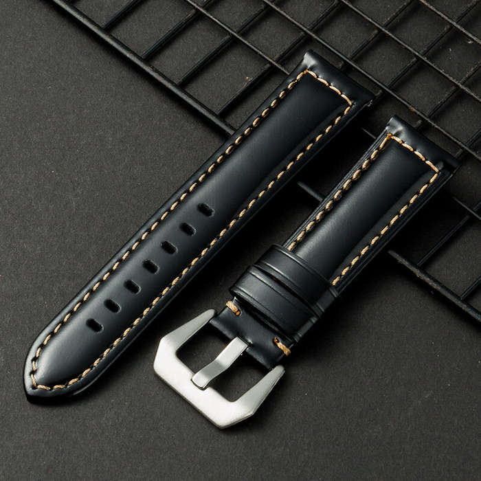 Bright Black - 22mm Multi-color Hand-sewn Retro Cow Leather Smart Watch Band Replacement Strap