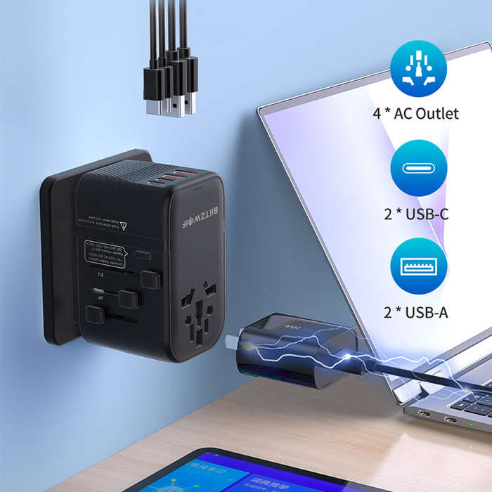 Black - BlitzWolf BW-TA3 Universal Travel Adapter with 4 AC Outlet 2 USB-C 2 USB-A Ports Internation