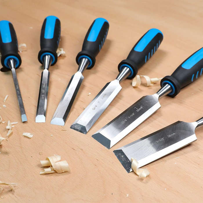 Blue - 8-Piece Wood Carving Chisel Set Chromium-Vanadium Steel Blades Wood Handles Sharpening Stone