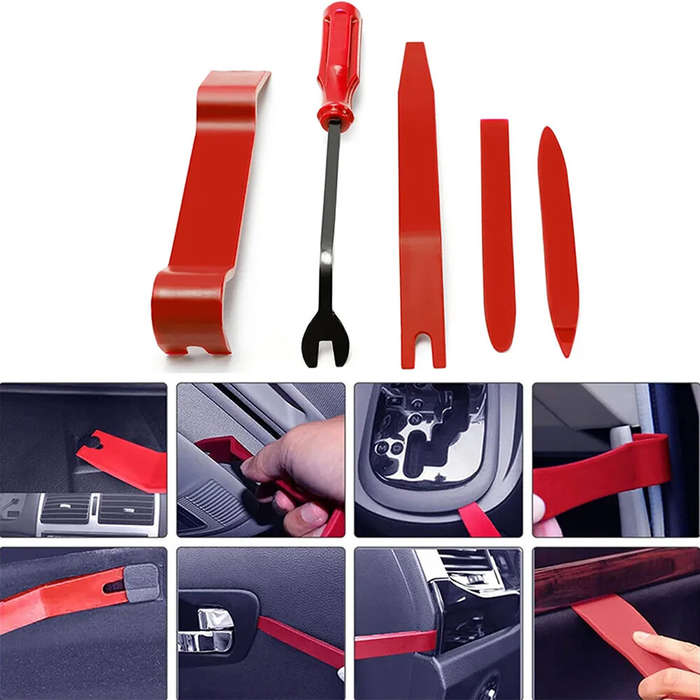 Red - 5 Piece Set Car Door Clip Panel Trim Removal Tool Kit Navigation Blade Removal Plastic Car Int