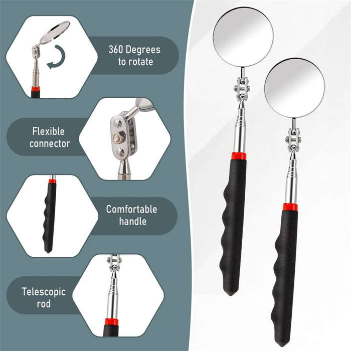 Extend 7-1/4" to 30" 360 Retractable Extension Rod Mirror Telescopic Inspection Detection lens Silve