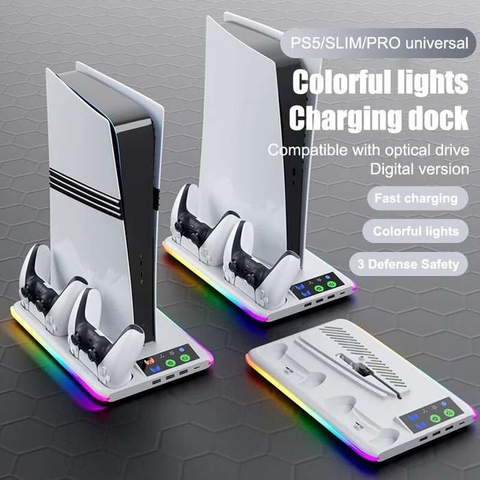 White - HA-8008 Gaming Stand with Cooling Fan RGB Light and Charging Dock for PS5 Slim and PS5 with