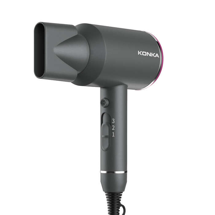 Gray - KONKA KG-1601 Hair Dryer 1600W 3 Drying Modes with Focused Airflow Nozzle Detachable Rear Cov
