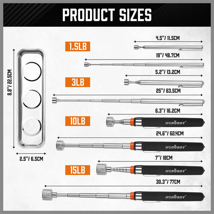 5Pcs - 5-Piece Magnetic Pickup Tools Set Telescoping Rust-Proof 15LB 10LB 3LB 1.5LB Magnet Sticks Tr