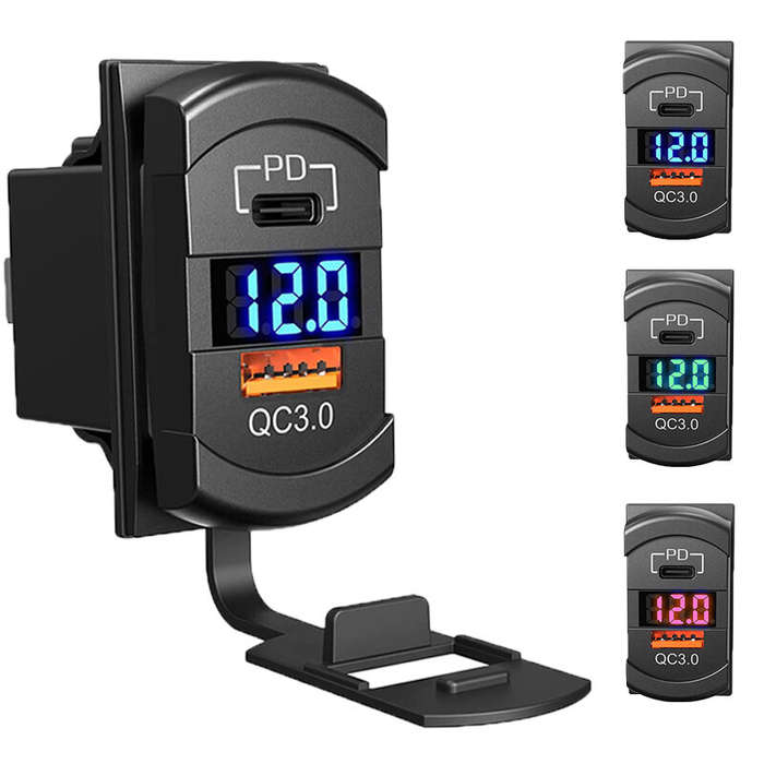Blue Light - 12-24V Dual USB Car Charger Socket PD QC3.0 Power Adapter with Digital Display Voltmete
