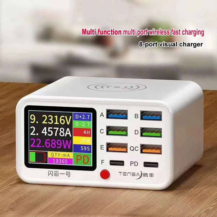EU Plug - TENSAJ Shanba No.1 65W 8-Port USB Wireless Charger Station with LCD Digital Display 6USB-A
