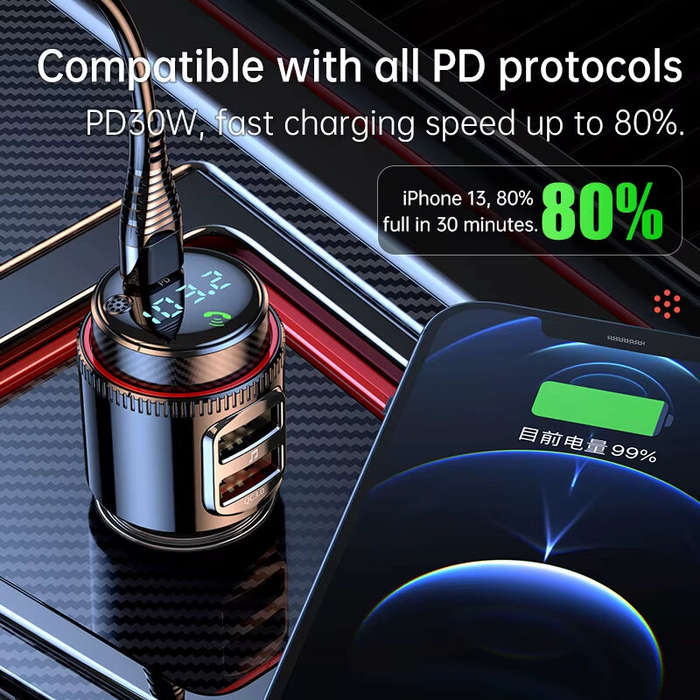 Black - T23 bluetooth V5.4 FM Transmitter 30W PD+QC3.0 USB Car Charger Blue LED Digital Display Wire