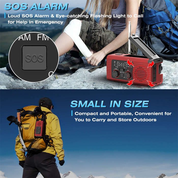 Red - IPRee Hand Crank Emergency Radio Solar Powered Radio with LED Flashlight SOS Alarm Portable Ra
