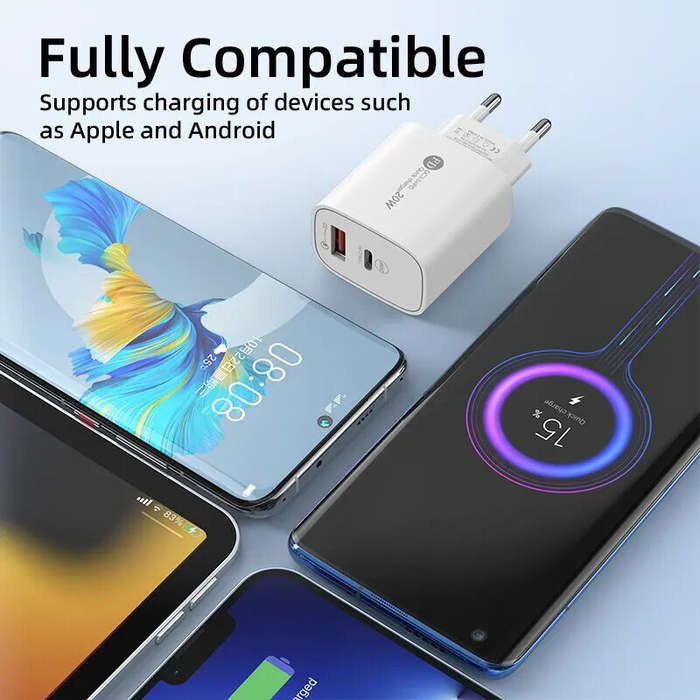 EU Plug - PD20W 2-Port USB PD Charger USB-A+Type-C PD QC3.0 Fast Charging Wall Charger Adapter EU Pl