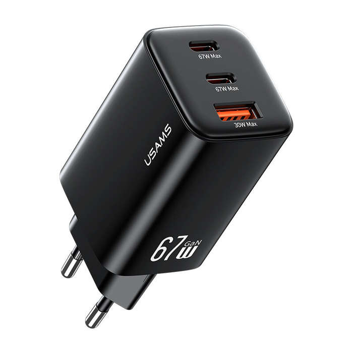 Black - [GaN Tech] USAMS CC265 67W 3-Port USB Charger 2USB-C+USB-A Fast Charging Wall Charger Adapte