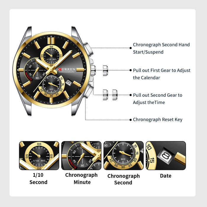 Gold - CURREN Men Multifunction Waterproof Luminous Hands Quartz Watch Chronograph Date Stainless St