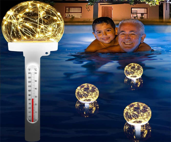 Warm light - Solar Powered Floating Pool Thermometer Easy to Read Night Display Waterproof High Accu