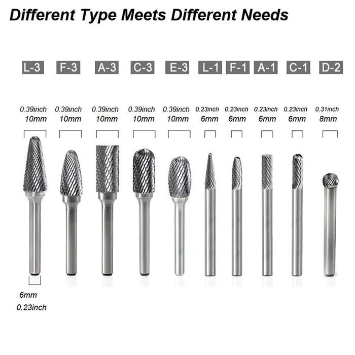 Type-A - 10PCS 6mm Shank Carbide Burr Set Tungsten Steel Carbide Double Cut Die Grinder Bits Rotary