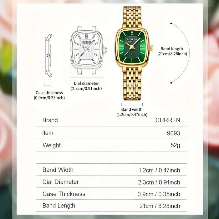 Gold/Black - CURREN Fashion Rhinestone Deco Stainless Steel Strap Square Quartz Watch Waterproof Cas