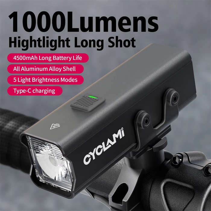 Black - CYCLAMI BR 1000LM Highlight Bike Headlight 4500mAH 5 Gears Modes Lamp Type-C Charging Bicycl