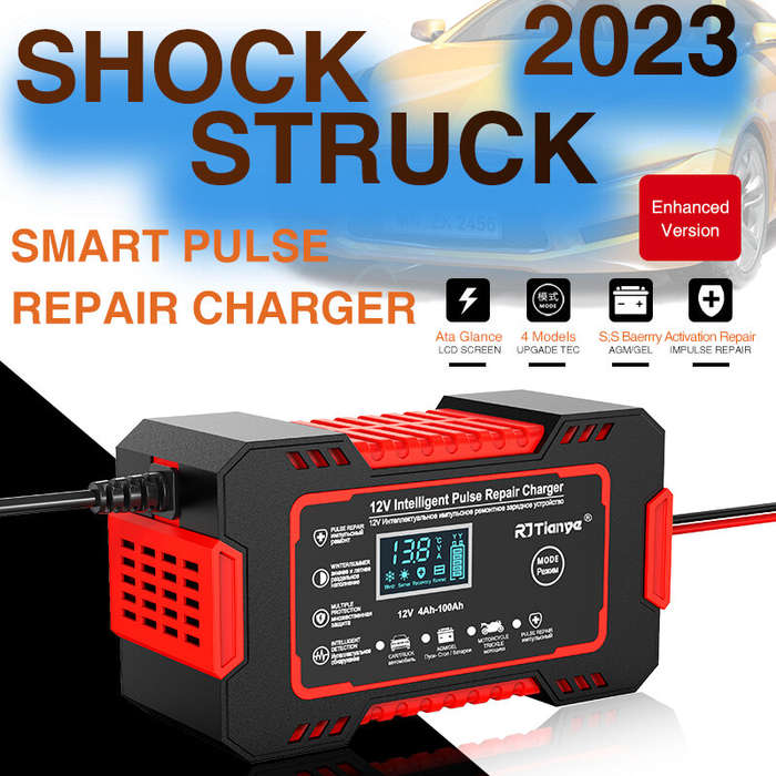 Blue - RJtianye European Standard 12V 6A Smart Pulse Repair Charger for SUV Motorcycle Charger LED S