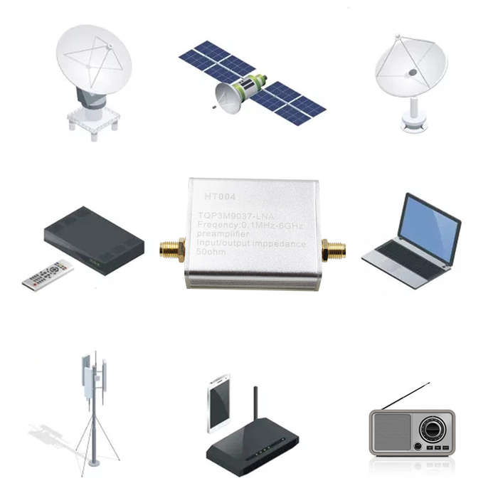 White - HT004 Full Band Amplifier Preamplifier 100k-6GHz 20dB Gain 5V Ultra-Low Noise 50 Ohm SMA Con