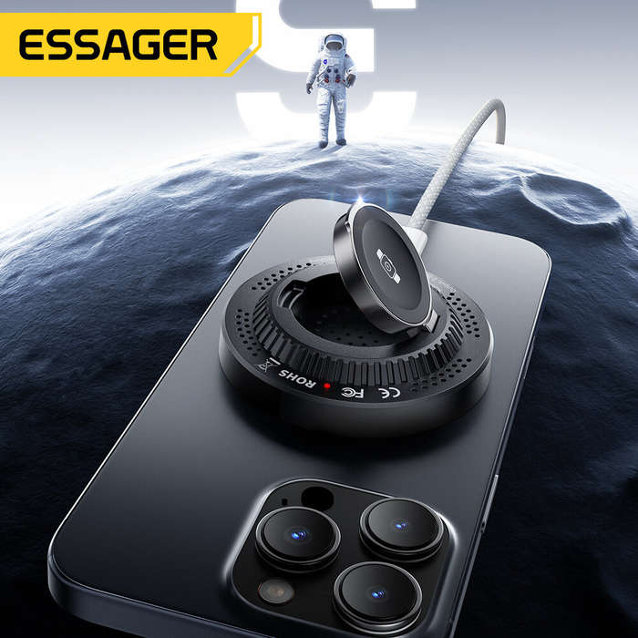 Black - ESSAGER ES-WC20 2-in-1 Magnetic Wireless Charger 15W Fast Wireless Charging Pad for Smart Ph