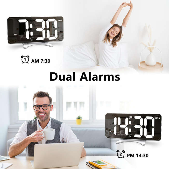 White - Smart LED Mirror Digital Clock Alarm Clock LED Digital Clock Auto Dimming Mirror Rechargeabl