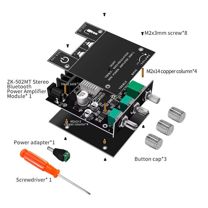 Black - ZK-502MT bluetooth 5.0 Amplifier Board 2x50W High Power Stereo Audio Module Bass Treble Cont