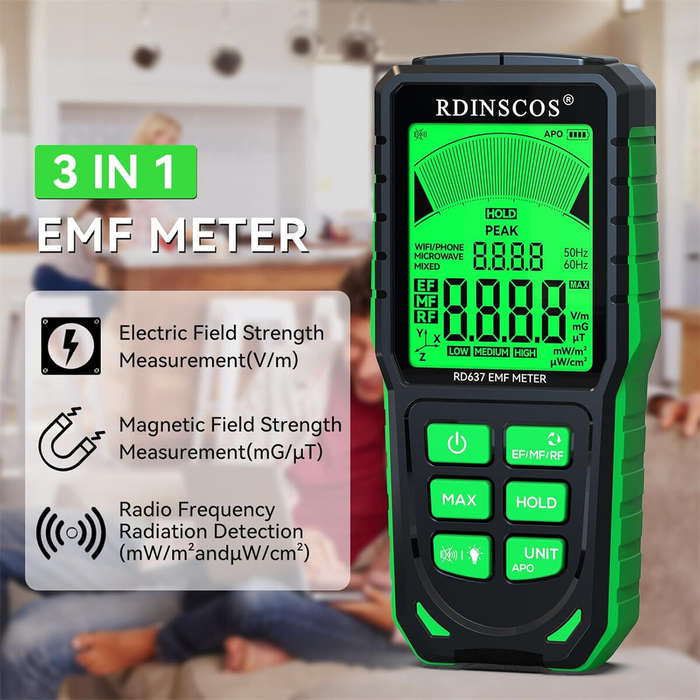 Black - RD637 EMF Detector 3-in-1 Portable EMF Meter for 5G WiFi Smart Meters Tri-Color LCD Accurate