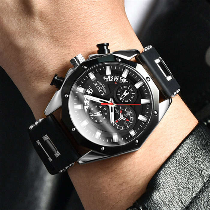 Black+Gold - LIGE Men Watches with Silicone Strap Waterproof Chronograph Quartz Watch Luminous Calen
