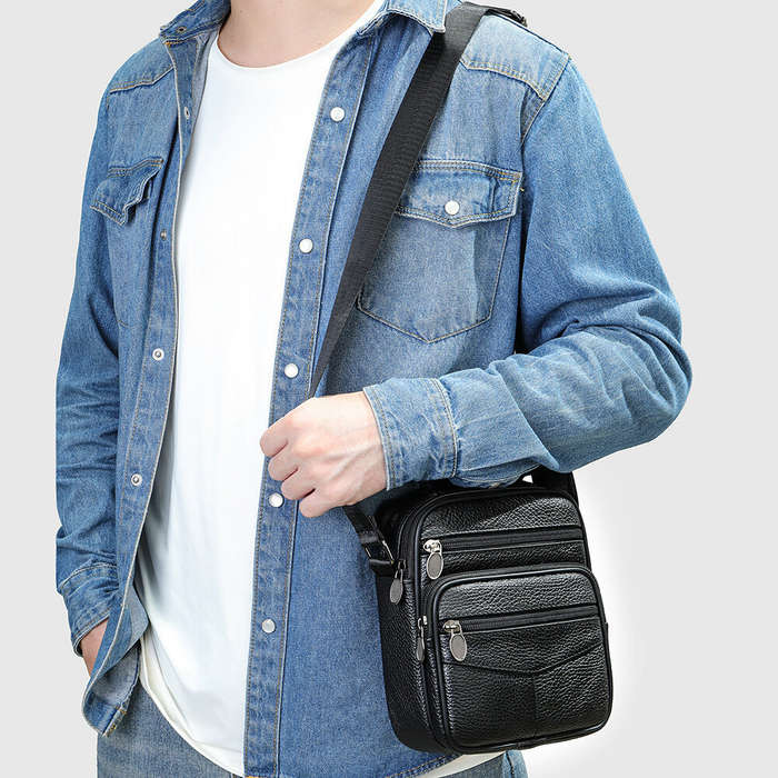 Coffee - Ekphero Men Genuine Leather Messenger Bag with Zipper Large Capacity Small Shoulder Bag Ret
