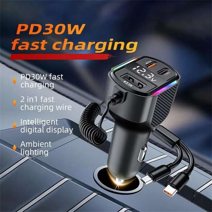 Black - High Speed Car Charger 2 in 1 Retractable USB Cable PD 30W with 3 Ports for Efficient Phone
