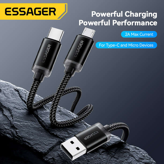 1.2M - ESSAGER ES-X60 2A USB-A to Type-C+Micro USB Cable Fast Charging Data Transmission Tinned Copp