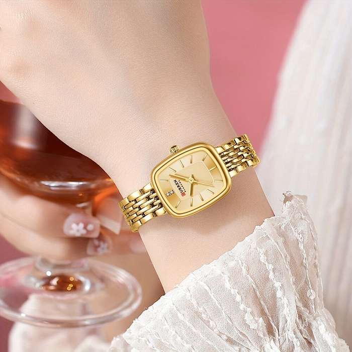 Gold/Black - CURREN Fashion Rhinestone Deco Stainless Steel Strap Square Quartz Watch Waterproof Cas