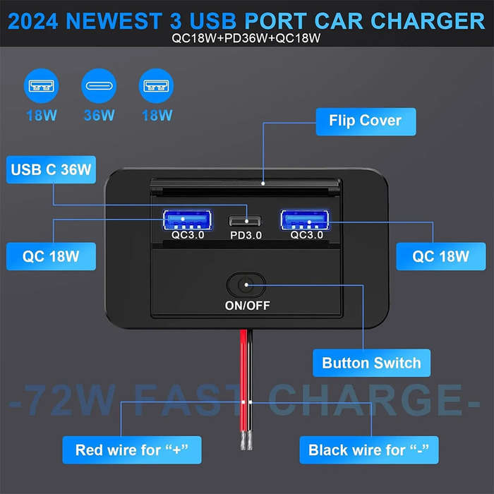 QC3.0+PD3.0+QC3.0 - 3 Port Car Charger Socket Multiple Device Charging 12V RV USB Outlet 72W Dual US