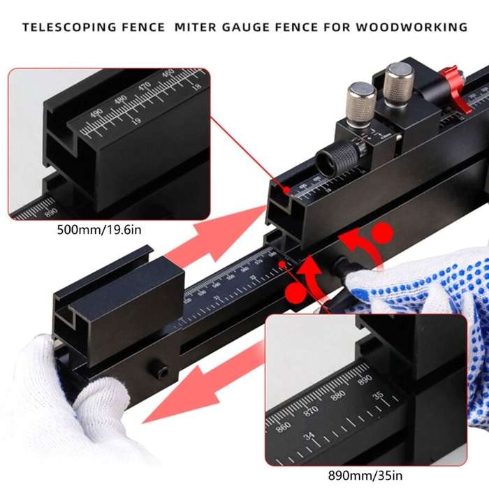 Black - Telescoping Flip Fence Miter Gauge Fence 500mm to 890mm Extendable T Slot Track with Quick P
