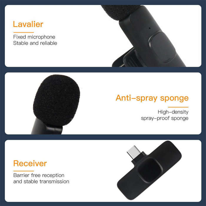 Type C - Wireless Lapel Microphone Compatible with iOS Android Smartphones Cordless Omnidirectional