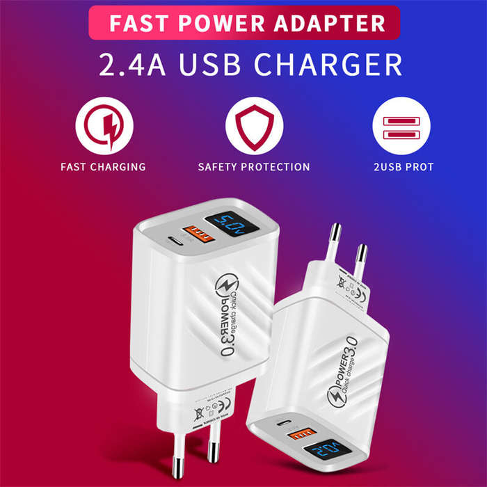 White - 20W 2-Port USB PD Charger USB-A+Type-C PD QC3.0 2.0 AFC FCP Apple2.4A Fast Charging Wall Cha