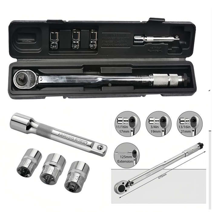 5PCS Torque Wrench Set 28-210Nm Bi-Directional Heat-Treated Steel Includes 3 Sockets 1 Extension Bar
