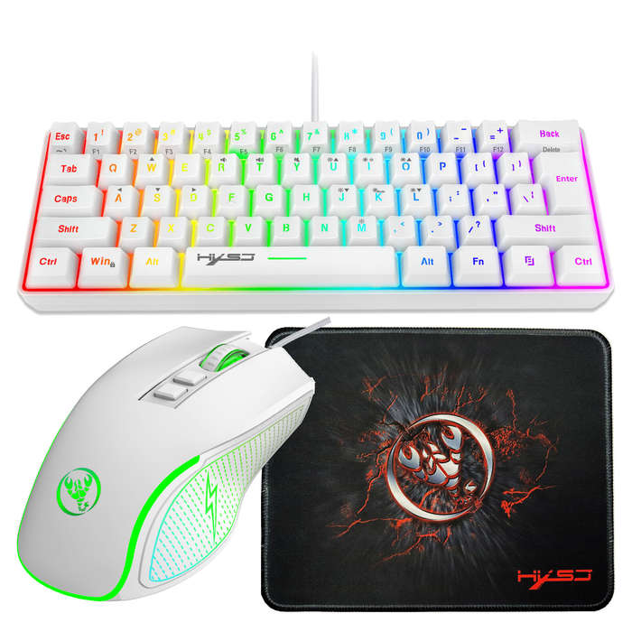 White - HXSJ X100+V700 61 Keys Wired Keyboard Mouse Set RGB Backlit Gaming 3600DPI 6 Buttons Program