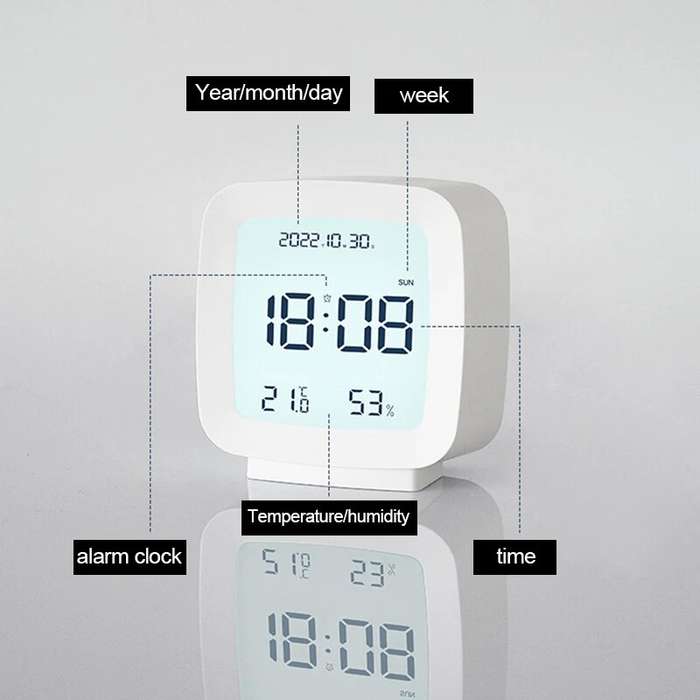 Black - Digital Alarm Clock 12/24H Electronic Alarm Clock Voice-activated Backlight Temperature Humi