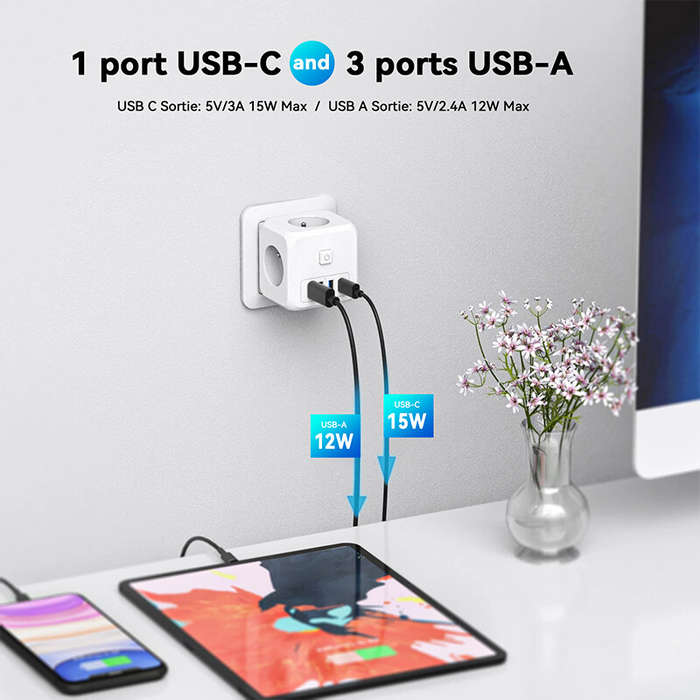Essager 4000W 7-Port Power Strip with 3 AC Outlets+3 USB-A+USB-C Fast Charging Wall Charger Adapter