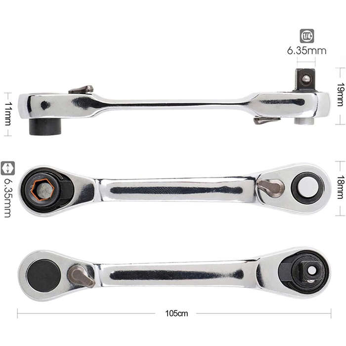 2-in-1 Mini Socket Ratchet Wrench 72-Tooth Dual-Head Design Chrome-Plated Accepts 1/4" Hex Bits Magn